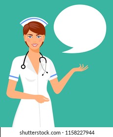 Beautiful female nurse is holding clipboard and speak bubble. Portrait of young nurse or medic with clipboard and stethoscope isolated on blue background