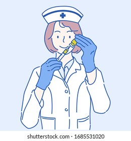 A beautiful female nurse with a syringe which is a vaccine against disease. Virus protection concept idea. Hand drawn in thin line style, vector illustrations.