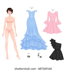 Beautiful female paper doll with evening and cocktail dresses set. Vector illustration.