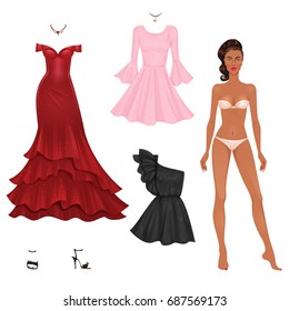 Beautiful female paper doll with evening and cocktail dresses set. Vector illustration.