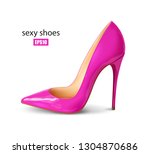 Beautiful female pink shoes on a white background, sexy shoes, classic. High-heeled shoes, patent leather shoes, fuchsia color. 3D effect. Vector illustration. EPS10