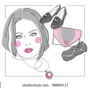 Beautiful female portrait with fashion accessoires. Vector. Isolated.