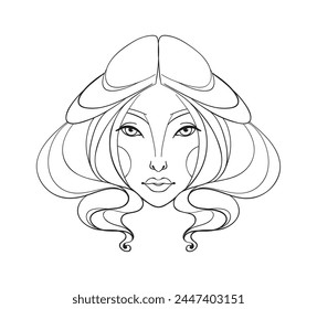 Beautiful female portrait icon, young woman s face, hand linear drawing, Virgo zodiac sign. Vector illustration isolated on white background, witch tattoo.