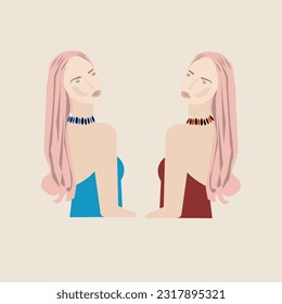 Beautiful female portrait side view minimal vector EPS. Red, Yellow, Blue, Beige corset. Long hair, Short pink hair. Side view half body fashion design. Skin Tone. Shading face. Croquis, Shilhouet. Mo