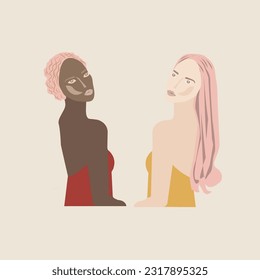 Beautiful female portrait side view minimal vector EPS. Red, Yellow, Blue, Beige corset. Long hair, Short pink hair. Side view half body fashion design. Skin Tone. Shading face. Croquis, Shilhouet. Mo