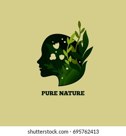 Beautiful Female Profile with Flowers and Leaves. Pure Nature Concept. Vector Symbol for Eco Products.