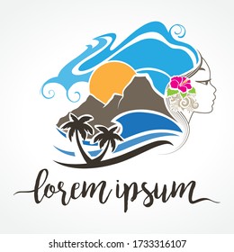 Beautiful female profile as a part of abstract landscape, vector template