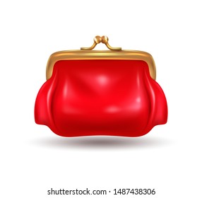 Beautiful female red purse for coins Isolated on a white background. Vintage accessory. Vector illustration. 3D effect, EPS 10