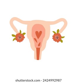 Beautiful female reproductive system with flowers and heart. Feminine gynecology. Vector illustration isolated. Can used for poster, card, for concept banner of female health.