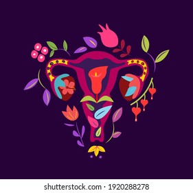 Beautiful Female Reproductive System,Flowers.Floral Feminine Gynecology.Anatomical Female Uterus,Ovaries.Vagina Symbol Menstruation.Hand Drawn Uterus,Womb Female Reproductive Organ.Vector illustration