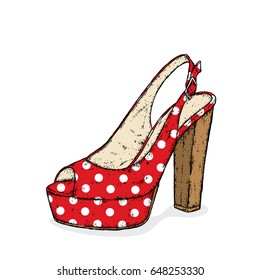 Beautiful female sandals in polka dots. Vector illustration for a postcard or a poster. Fashion & Style. Shoes with high heels.