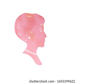 Beautiful female with short curly hair head portrait in pink, watercolor effect, with jewelry profile silhouette, vector template illustration