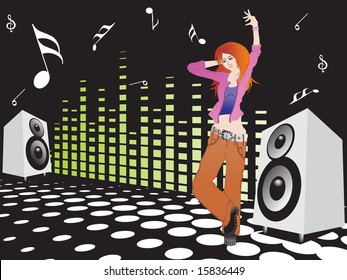 beautiful female silhouette dancing on music background, wallpaper