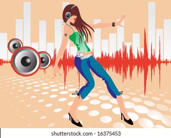 beautiful female silhouette dancing on music background, wallpaper