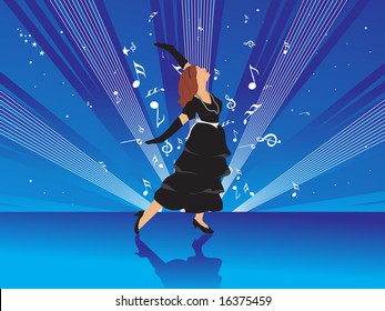 beautiful female silhouette dancing on music background, wallpaper