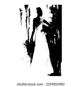 Beautiful female silhouette with grunge brush splash