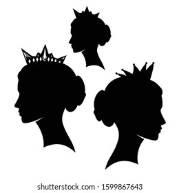beautiful female silhouette head profile with royal crown - elegant princess or queen black vector side view portrait