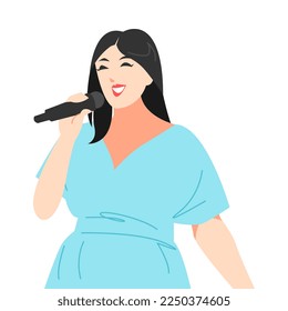 beautiful female singer illustration. holding microphone. isolated on white background. concept of musician, profession, hobby, music, art. For print, sticker, poster. vector illustration. flat style.