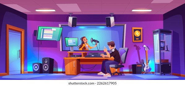 Hermosa cantante y productora masculina en el estudio de discos musicales. Dibujo vectorial de una niña cantando en un micrófono, ingeniero de sonido trabajando en equipo, mostrando el pulgar hacia arriba. Carrera profesional