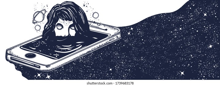 Beautiful female sinks in mobile phones and night sky. Dependence on smartphone, internet and social networks 