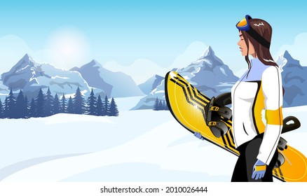 Schöne weibliche Snowboarder am schneebedeckten Hang des Wintersportortes. Eine Frau Snowboarder mit Sportausrüstung und einem Skianzug. Vor dem Hintergrund des blauen Himmels und der Sonne. Vektorgrafik