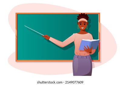 Beautiful female teacher in the classroom showing something with a pointer. School and learning concept. Happy Teacher's Day. Cute vector illustration in cartoon style.