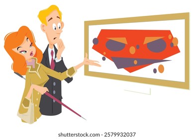 Beautiful female tour guide tells surprised man painting. Funny people. Illustration concept template for website, web landing page, banner, presentation, social, poster, promotion or print media.