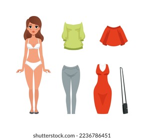 Beautiful Female in Underwear with Different Clothes Around for Dress Up Vector Set