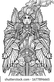 A beautiful female Valkyrie leans on a long two-handed sword, dressed in incredibly beautiful highly detailed armor. Coloring pages for adults. 2D illustration.