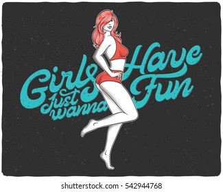 Beautiful female vector hand drawn illustration with calligraphic lettering composition "Girls just wanna have fun"