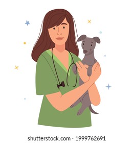 Beautiful female vet with a dog.Vaccinate a pet. Sterilization of animals. Medical examination of animals. Dog in good hands.