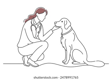 Beautiful Female Veterinarian Petting a Noble Golden Retriever Dog, doodle continuous line art vector illustration