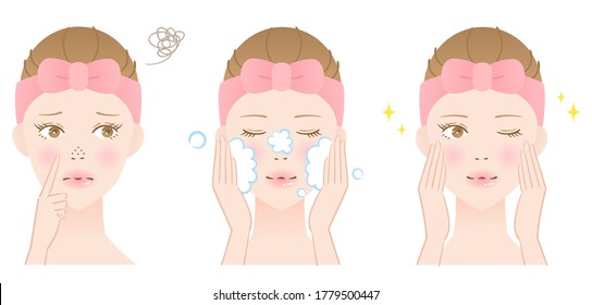 Beautiful female washing face for blackheads. Isolated on whitebackground