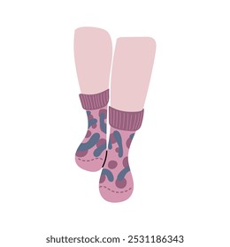 Beautiful female white skin legs in high pink socks with stained pattern in purple and blue color on white background. Hand drawn vector illustration in flat style. Textile, clothes brand, children