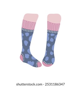 Beautiful female white skin legs in high blue and pink socks with stained pattern on white background. Hand drawn vector illustration in flat style. Textile, clothes brand, children