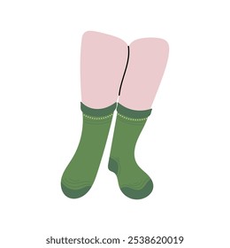 Beautiful female white skin legs in green socks on white background. Hand drawn vector illustration in flat style. Textile, clothes brand, children, woman legs, winter season