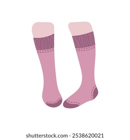 Beautiful female white skin legs in high pink socks isolated on white background. Hand drawn vector illustration in flat style. Textile, clothes brand, children, winter season, christmas woman clothes