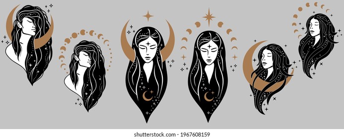 Beautiful females with moon. Moon goddess hand drawn illustrations. Bohemian goddess. Magic girl, witch with the moon, tarot cards, occult symbol, moon phases