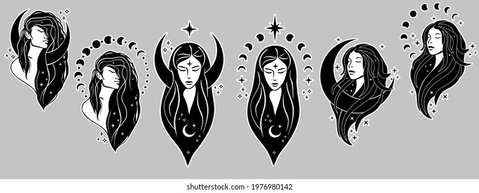 Beautiful females with moon. Moon goddess hand drawn illustrations. Bohemian goddess. Magic girl, witch with the moon, tarot cards, occult symbol, moon phases svg