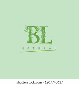 Beautiful Feminine BL Letter Logo, Green Leaf Florist Design.