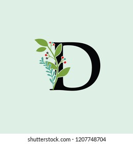 Beautiful Feminine D Letter Logo, Green Leaf Florist Design.