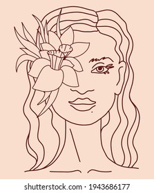 Beautiful feminine face Portrait and flower woman with long Curly Hair. Line drawing. Sketch Vector illustration