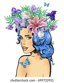 Beautiful feminine girl with butterfly and flower wreath looking back