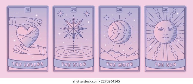 Beautiful Feminine illustration vector drawing with navy color line and pink and purple color tarot card. Lovers, stars, the moon, the sun.