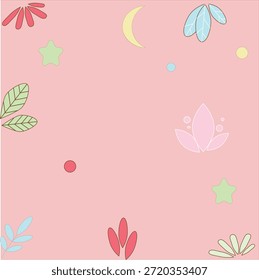 Un hermoso y femenino fondo de Vector rosa con lindos Elementos caprichosos que incluyen una luna creciente, estrellas centelleantes y delicadas hojas botánicas. Diseñada en un estilo pastel suave, esta ilustración es perfecta para la decoración de la guardería de las niñas, invitaciones de cumpleaños con temática de princesas, anuncios de bebés y papelería encantadora. La atmósfera rosada de ensueño añade un toque de dulzura y magia a cualquier proyecto de Diseño gráfico infantil.