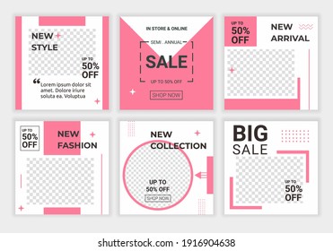 Beautiful feminine set of square with horizontal and circle social media background templates for posts and banners. Beauty feed with pink and white color. Good for social networks sale, web banners