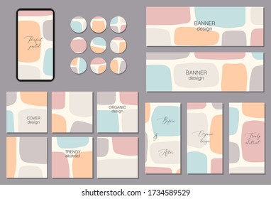 Beautiful feminine set of square, vertical, horizontal and circle social media background templates for posts and banners with minimal abstract organic shapes composition in contemporary collage style