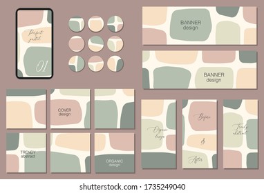 Beautiful feminine set of square, vertical, horizontal and circle social media background templates for posts and banners with minimal abstract organic shapes composition in contemporary collage style