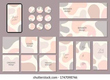 Beautiful feminine set of square, vertical, horizontal and circle social media background templates for posts and banners with minimal abstract organic shapes composition in contemporary collage style