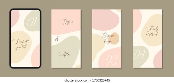 Beautiful feminine set of vertical social media quote post templates with minimal abstract organic shapes composition in trendy contemporary collage style, ideal for phone wallpaper etc - Shutterstock ID 1730326945